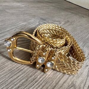 Gold Braided Faux Leather Belt Crystal Details Bling Studded Buckle Metallic L